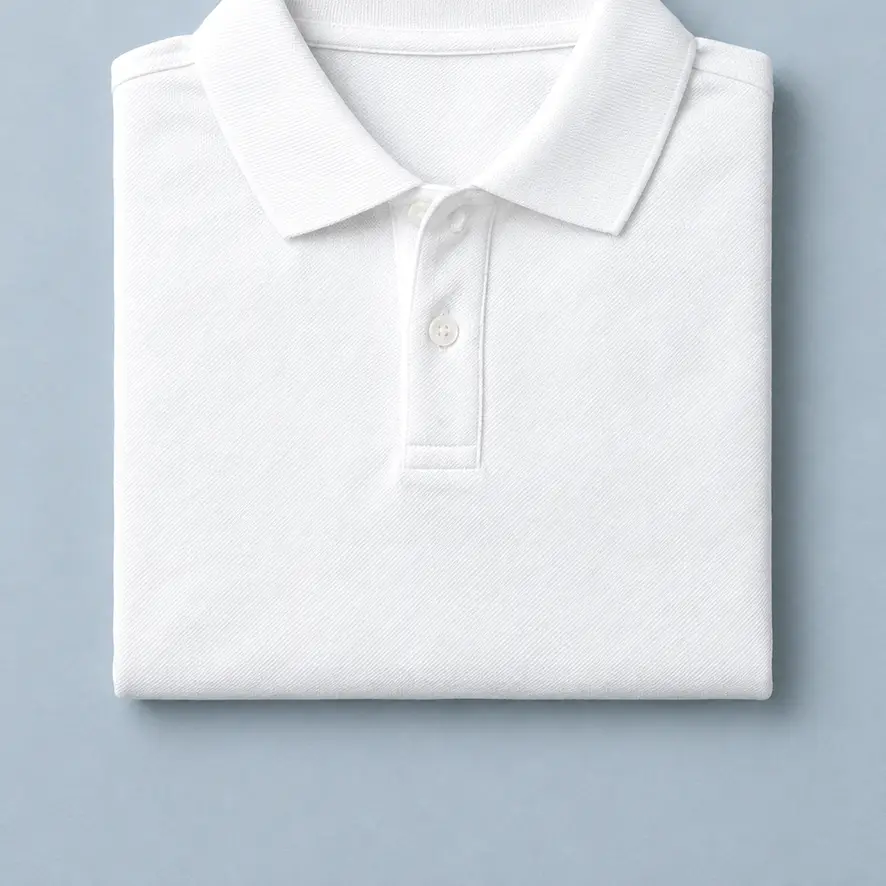 Polo blanco de piqué de algodón con cuello y dos botones, doblado sobre fondo gris azulado