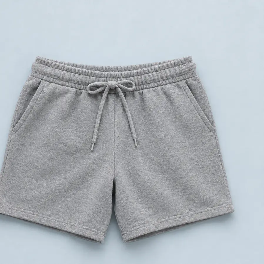 Pantalón corto de felpa gris con cordón doblado sobre fondo gris azulado