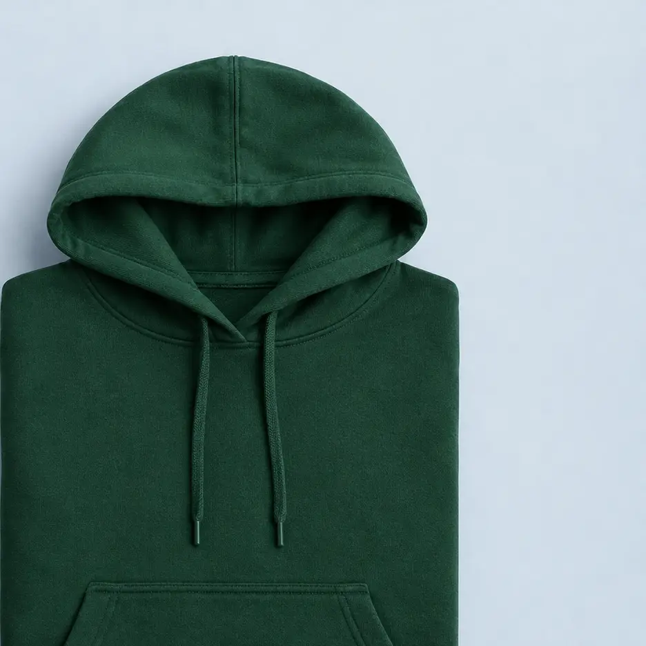 Sudadera con capucha verde botella y bolsillo canguro doblada sobre fondo gris azulado