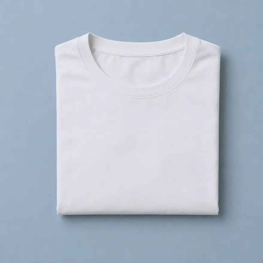 Camiseta blanca de cuello redondo doblada sobre fondo gris azulado, vista cenital