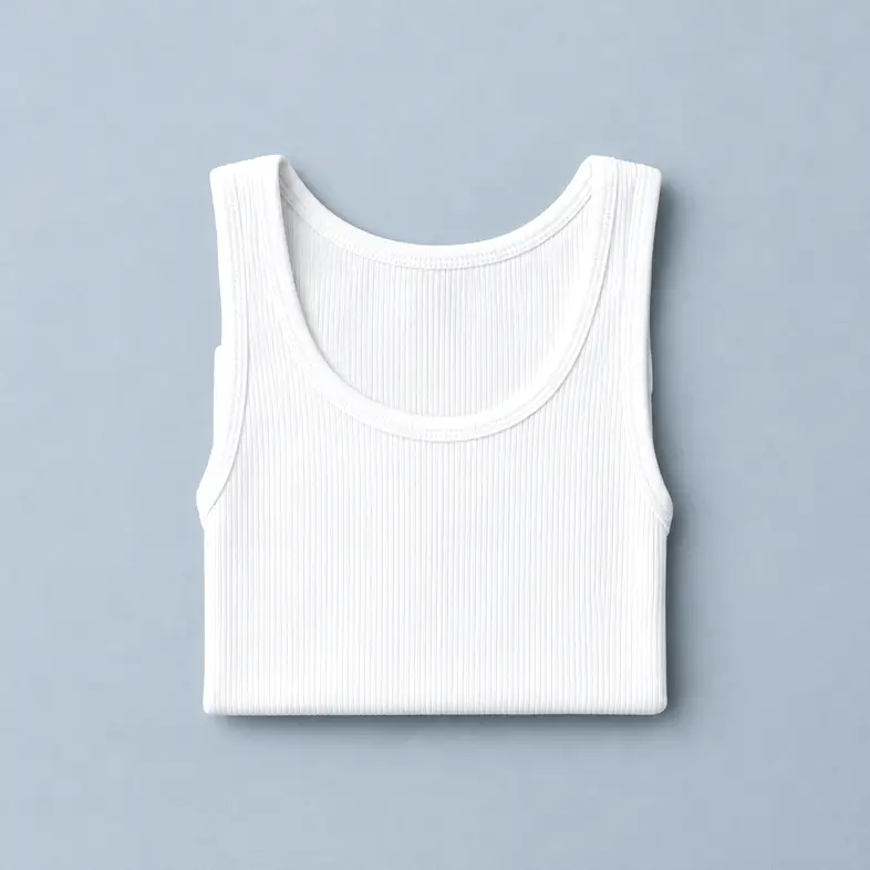 Camiseta de tirantes blanca de algodón canalé doblada sobre fondo gris azulado