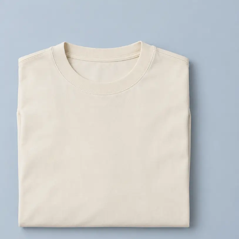 Camiseta amplia de hombro caído en color crudo doblada sobre fondo gris azulado