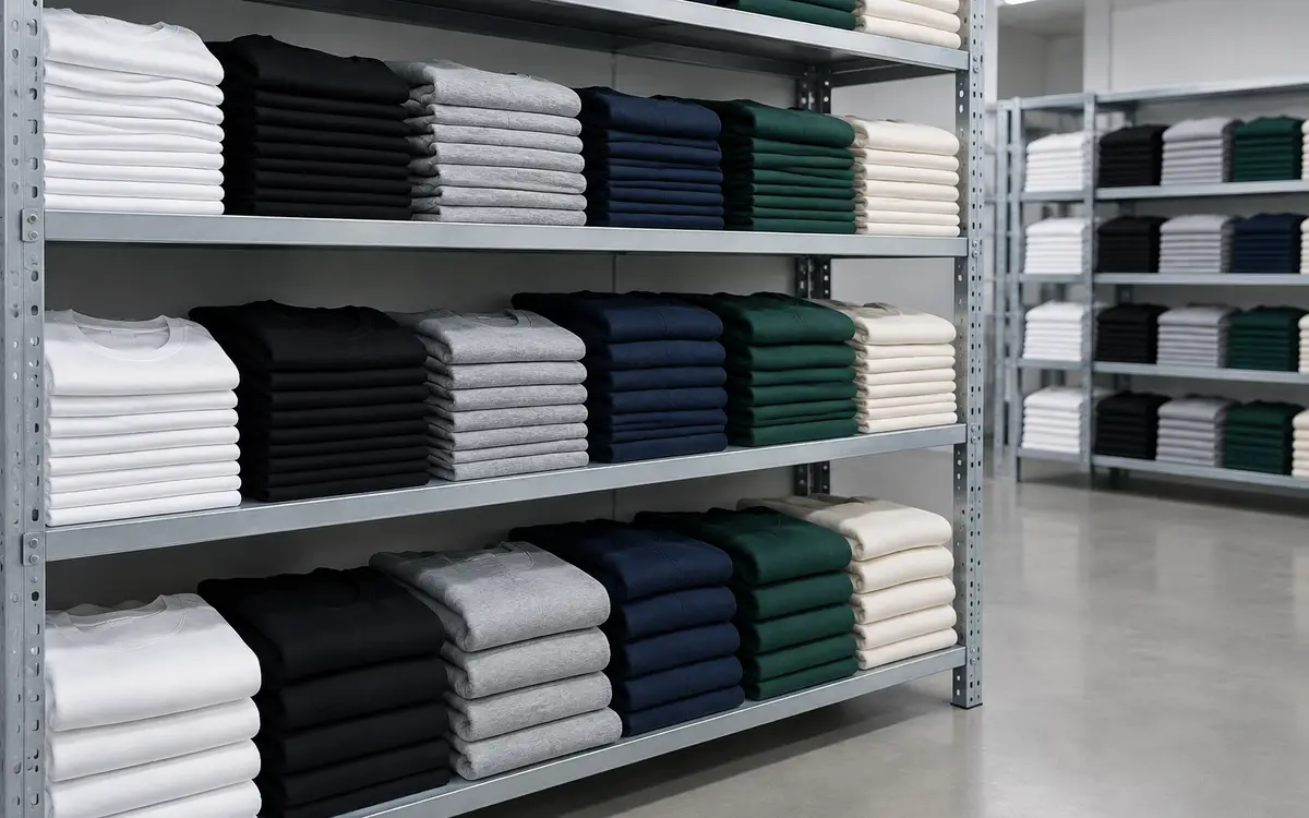 Estantes del almacén con camisetas y sudaderas dobladas y ordenadas por color